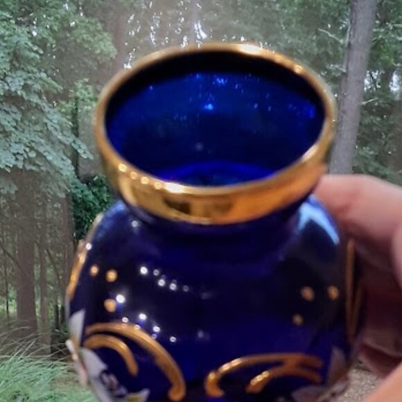 Vintage Mini Cobalt Blue Glass Vase, Gold Trim, 3D Hand painted Floral Design - Picture 7 of 10